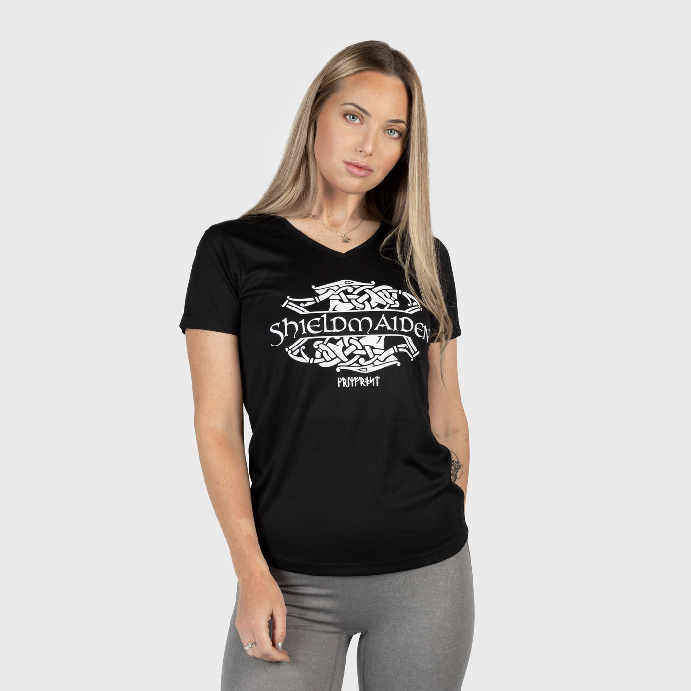 T-shirt med V-ringning, Shieldmaiden, Svart