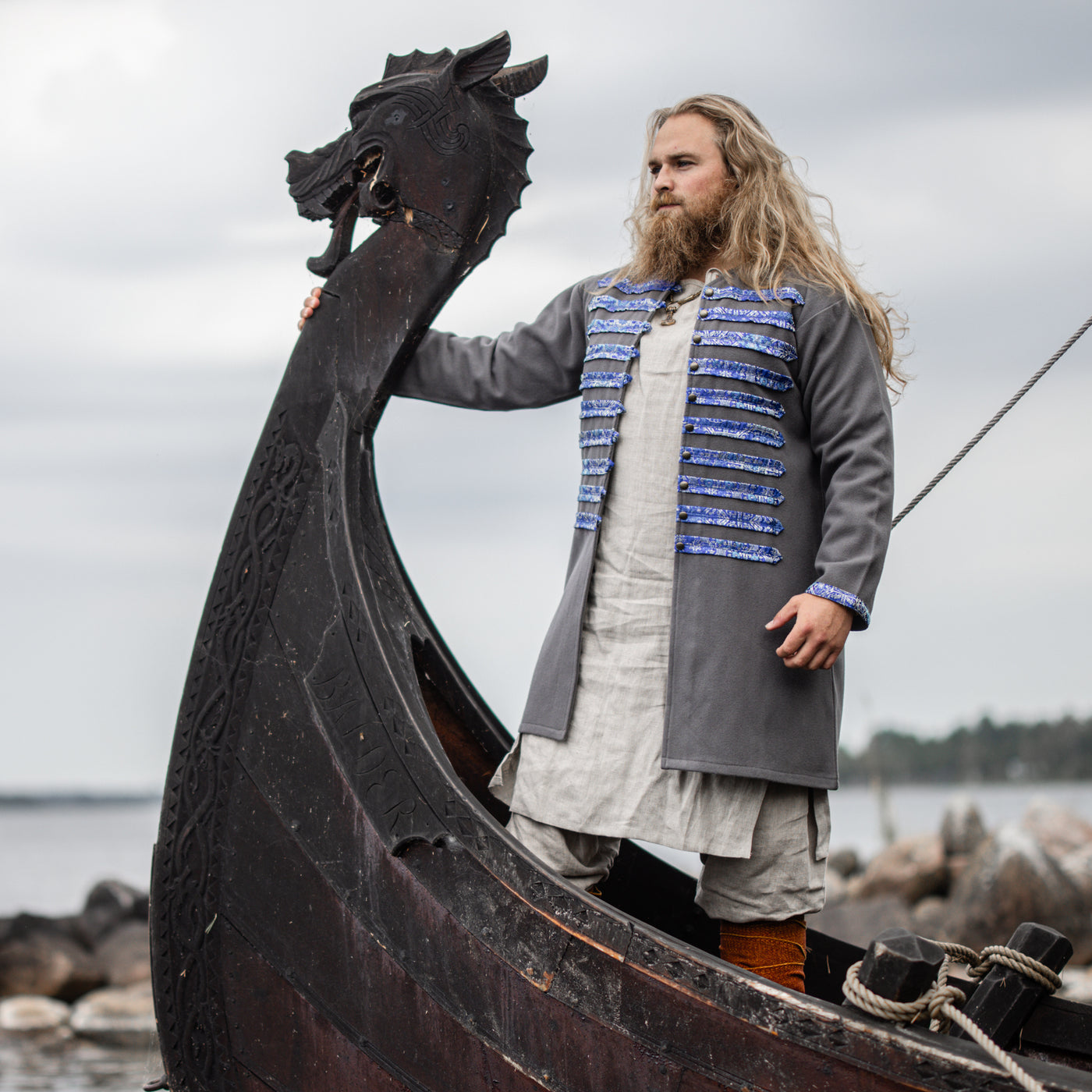 Viking Kaftan, Grå med Blå Siden