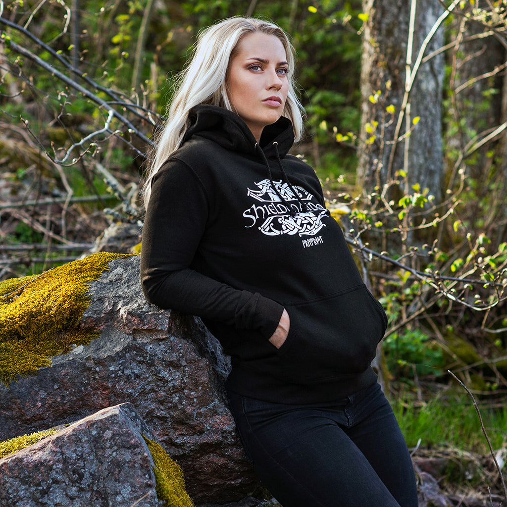 Premium pullover huvtröja för kvinnor, Shieldmaiden, Svart