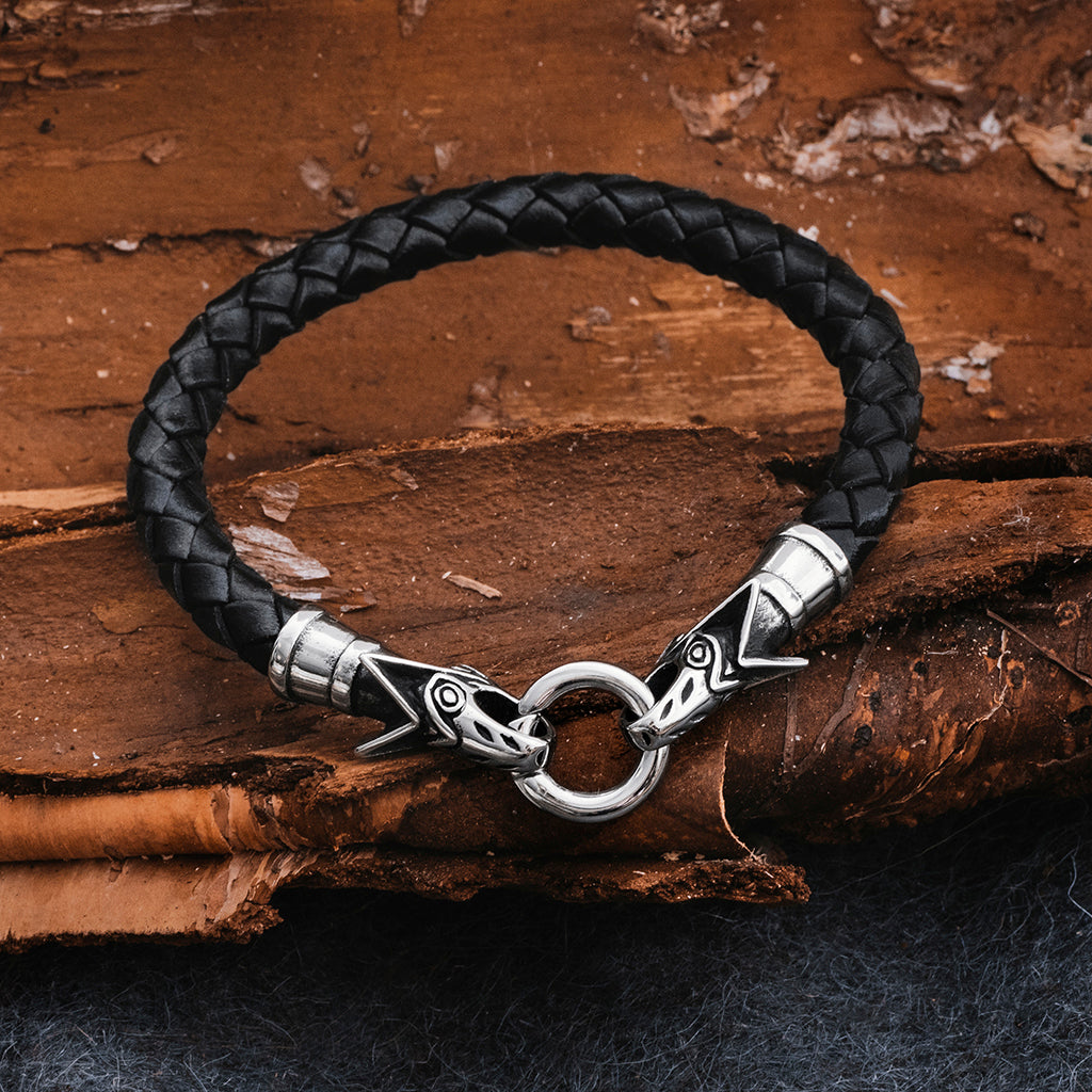 Arm Rings - Wolf Leather Bracelet, Black - Grimfrost.com