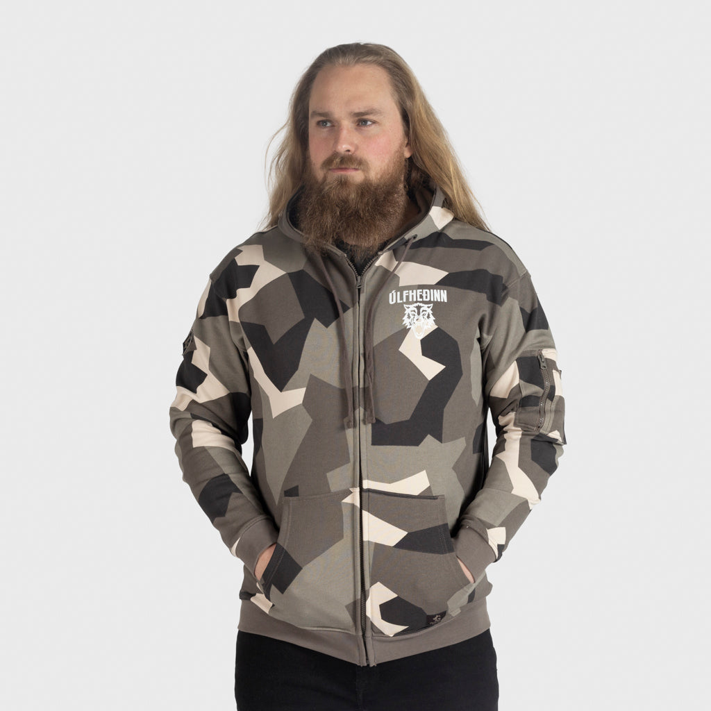 Premium huvtröja med dragkedja, Ulfhedinn, M90 Brun Camo