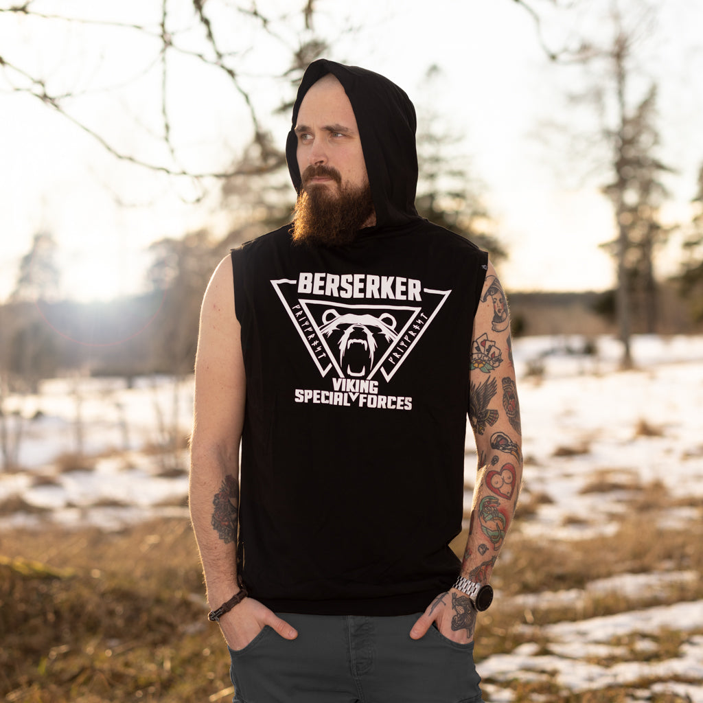 Premium Ärmlös Hoodie, Berserker, Svart