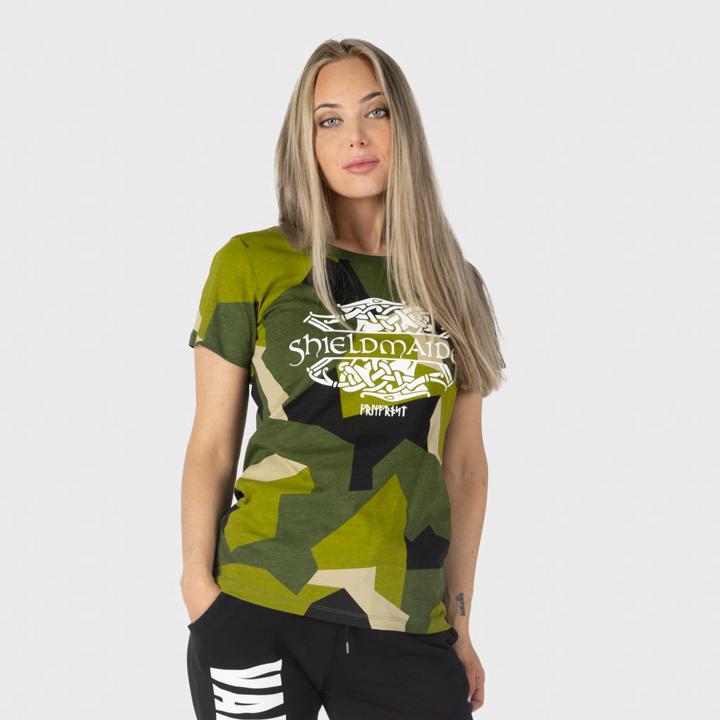 Premium T-shirt, Shieldmaiden, M90 Grön Camo