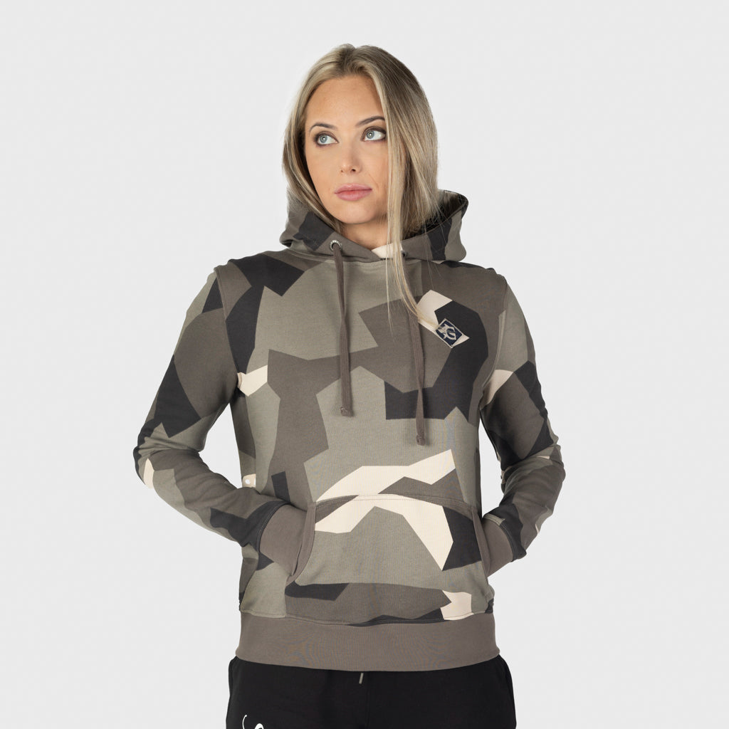 Premium pullover huvtröja för kvinnor, Shieldmaiden, M90 Brun Camo