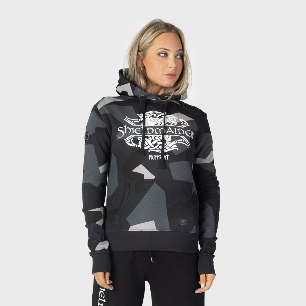 Premium pullover huvtröja för kvinnor, Shieldmaiden, M90 Grå Camo