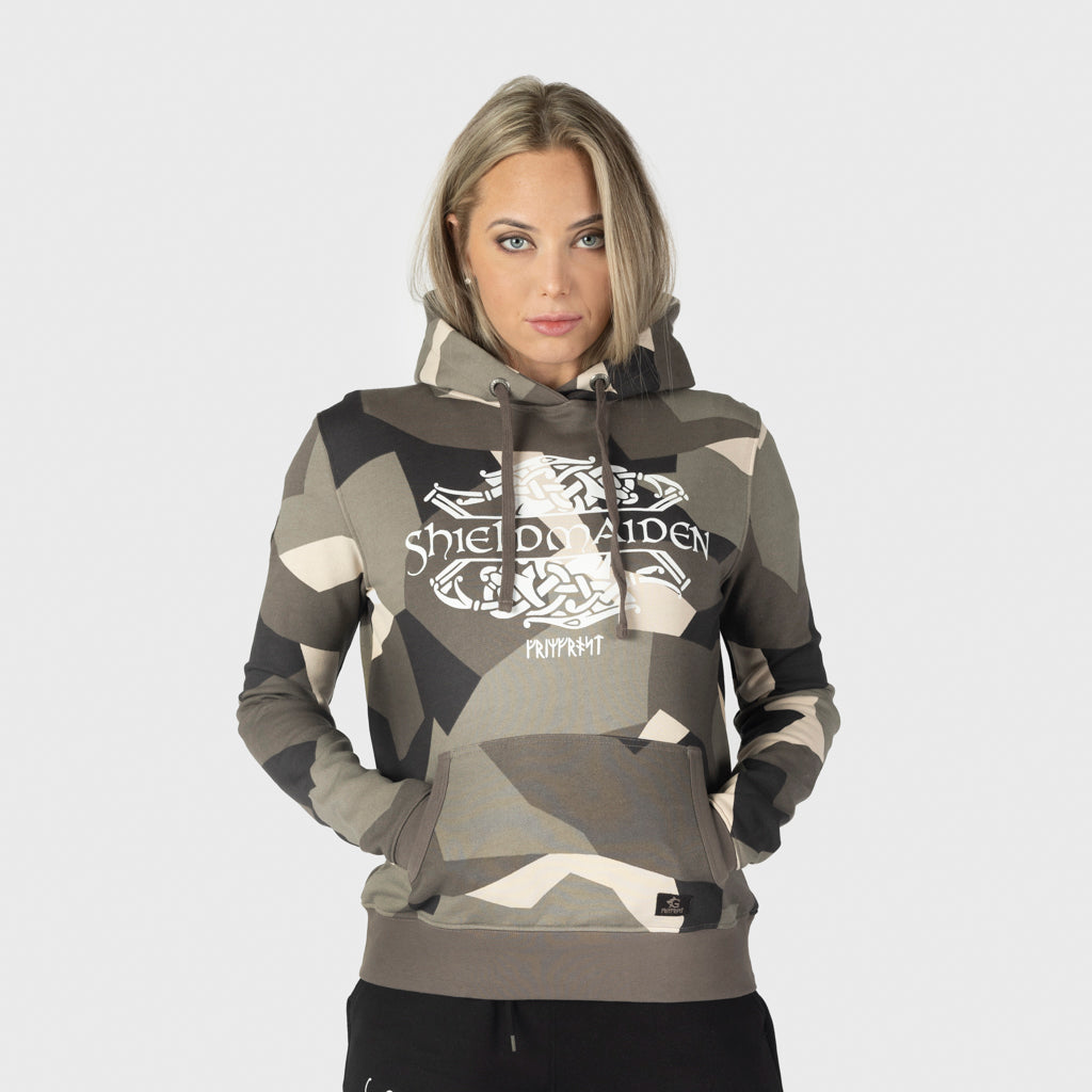 Premium pullover huvtröja för kvinnor, Shieldmaiden, M90 Brun Camo