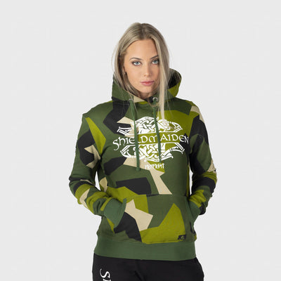 Premium pullover huvtröja för kvinnor, Shieldmaiden, M90 Grön Camo