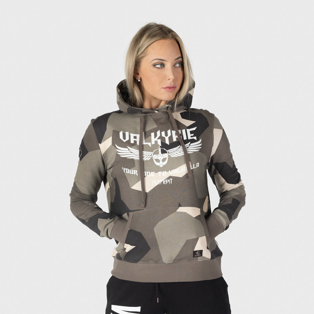 Premium pullover huvtröja för kvinnor, Valkyrie, M90 Brun Camo