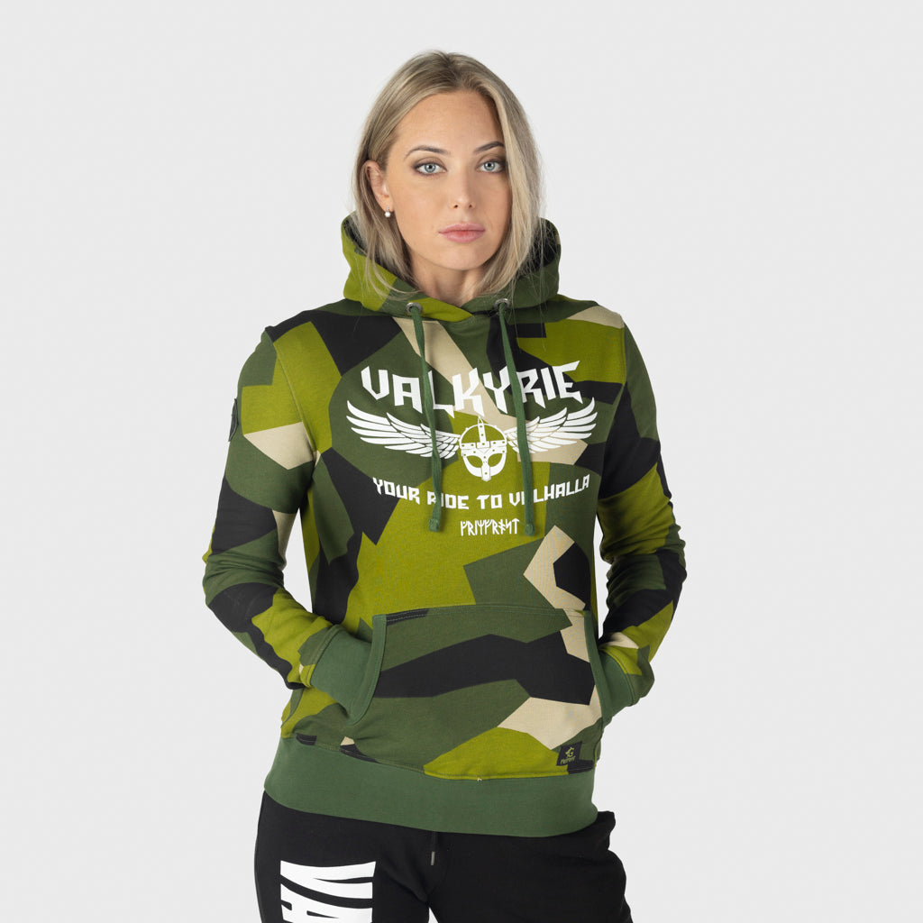 Premium pullover huvtröja för kvinnor, Valkyrie, M90 Grön Camo